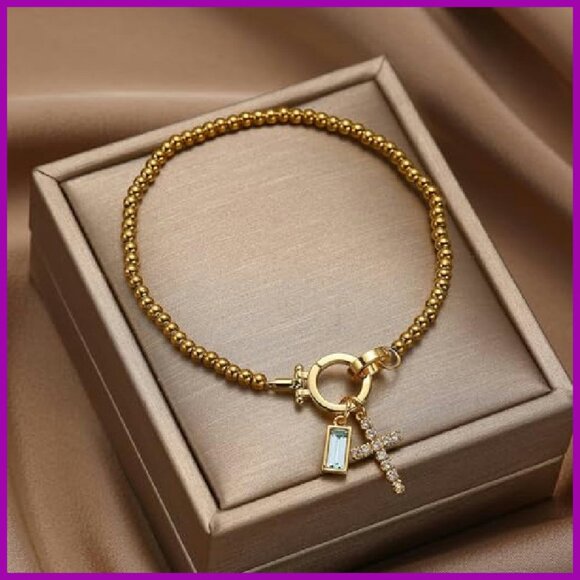 Gold Beaded Stretch Bracelet with Cross Charm and Birthstone - Picture 4 of 8